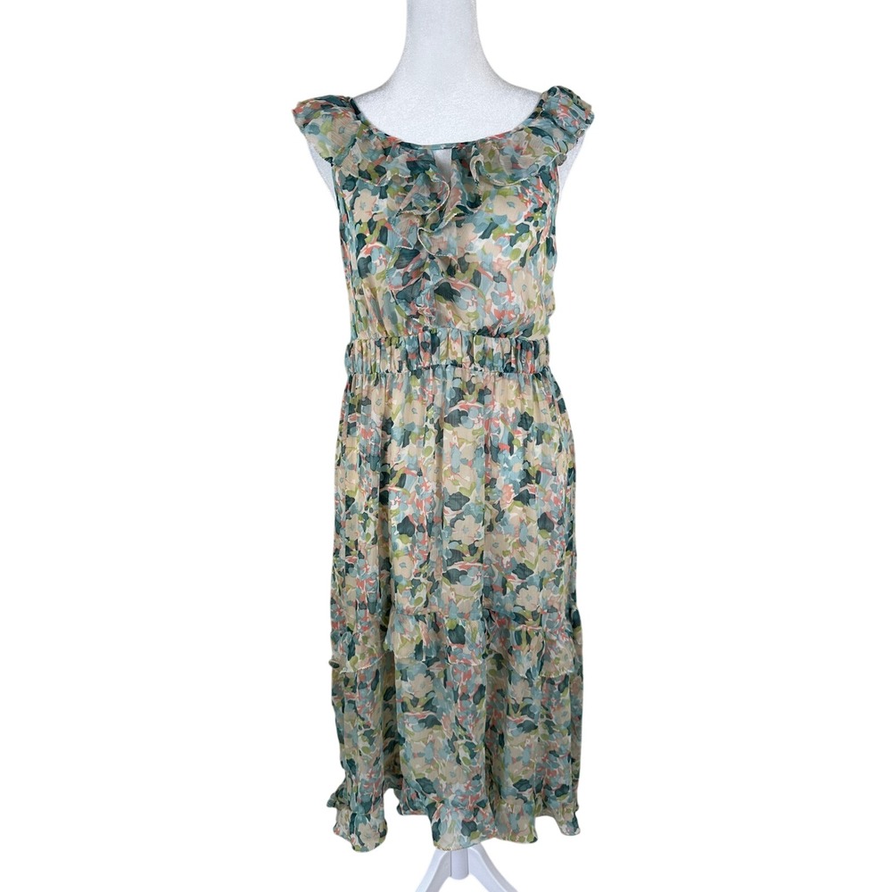Chelsea & Violet Midi Dress Women‎ L Green Floral Chiffon Ruffle Sleeveless Boho